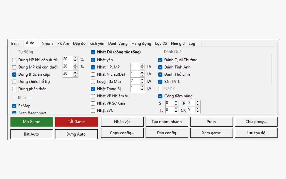 Tab Auto: bình HP/MP, thức ăn, buff