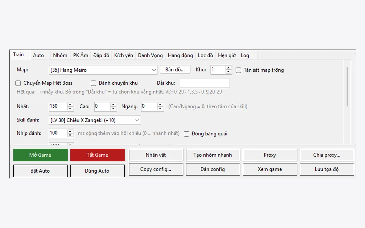 Tab Train: chọn map, khu, skill